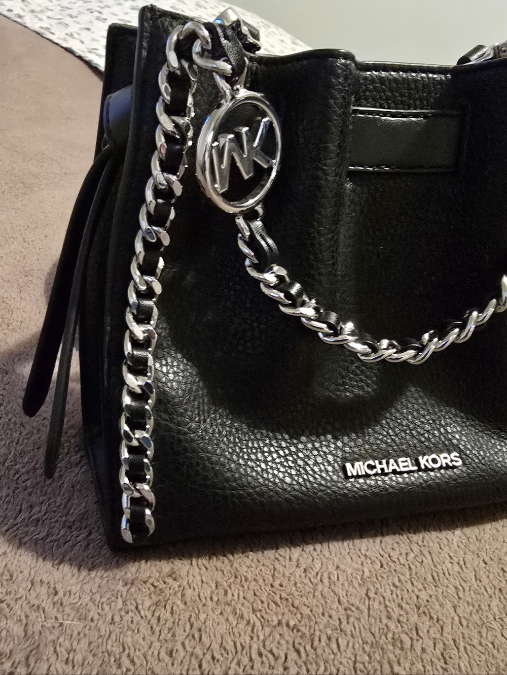 Michael Kors Black Pebbled Leather Shoulder Bag with Silver Chain